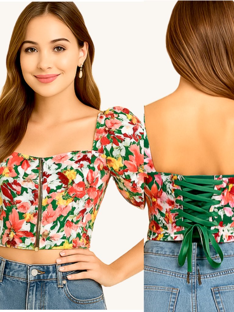 Steel Boned Overbust Corset Eu Bustier Crop Top Puff Sleeve Floral Lace Up Nwt